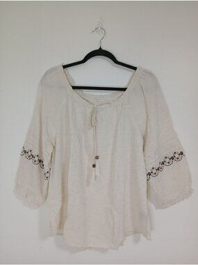 Boho Cream Peasant Top With Embroidered Sleeves & Drawstring Neckline Size XXL